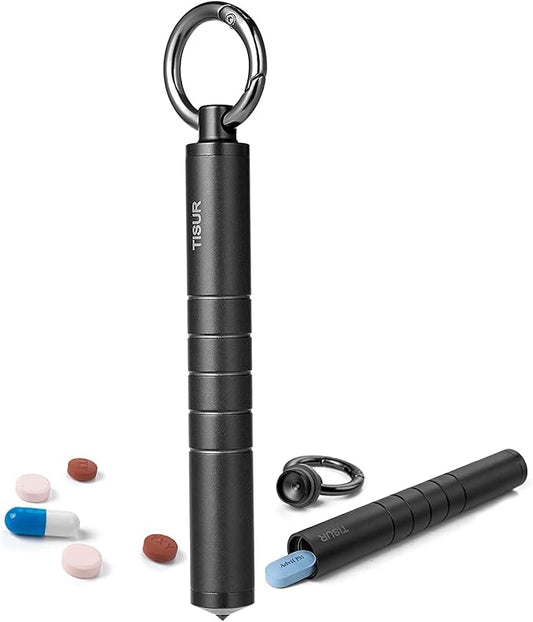 TISUR Small Metal Pill Organizer, Titanium Keychain Pill Holder Travel Pill Box Case Multitool EDC Every Day Carry for Men (Black Titanium)