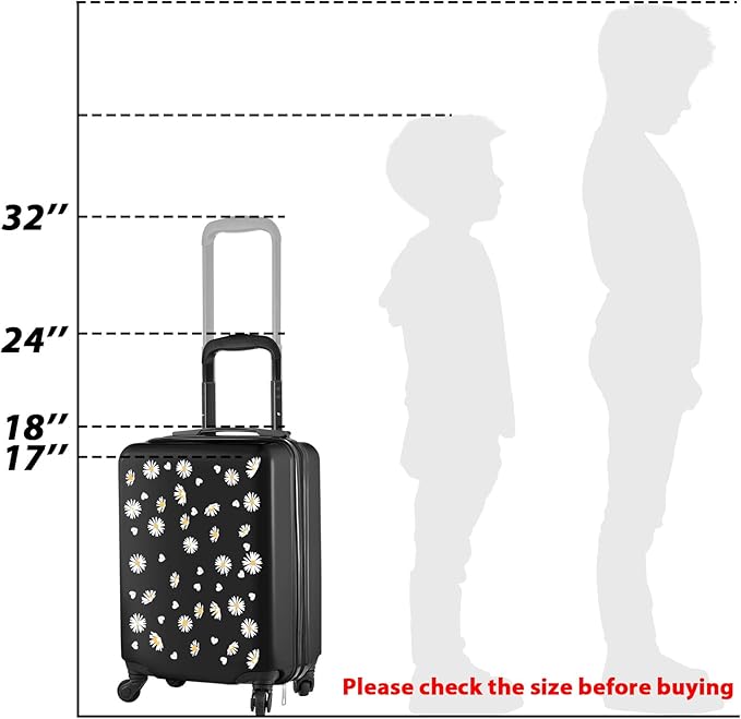 Redbaker 6 Pcs Kids Luggage Set 17 Inch Kids Rolling Luggage Double Pattern Suitcase for Girls Boys School Gift(Black,Daisy Style)