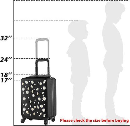 Redbaker 6 Pcs Kids Luggage Set 17 Inch Kids Rolling Luggage Double Pattern Suitcase for Girls Boys School Gift(Black,Daisy Style)