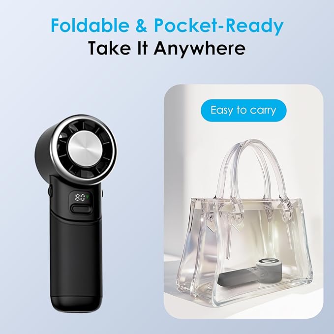 Portable Handheld Turbo Fan with Ice Cooler, 5-Speed Strong Wind, 10H Cooling Time, Rechargeable Foldable Mini Fan, LED Display, Small Powerful Personal Fans for Travel, Outdoor, Office, Black