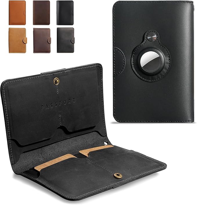 Leather Passport Holder for Travel - Passport Wallets with AirTag Slot, 5 Card Slots & Secure Button Closure, Durable Passport Cover for Men & Women - Crazy Horse Leather(5.9'' x 4.13'')