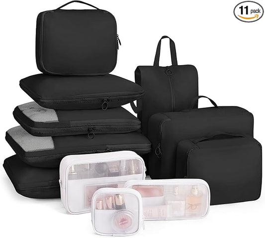 Compression Packing Cubes 11 Set - Expandable Suitcase Organizers, Luggage Bags for Travel Essentials - Black