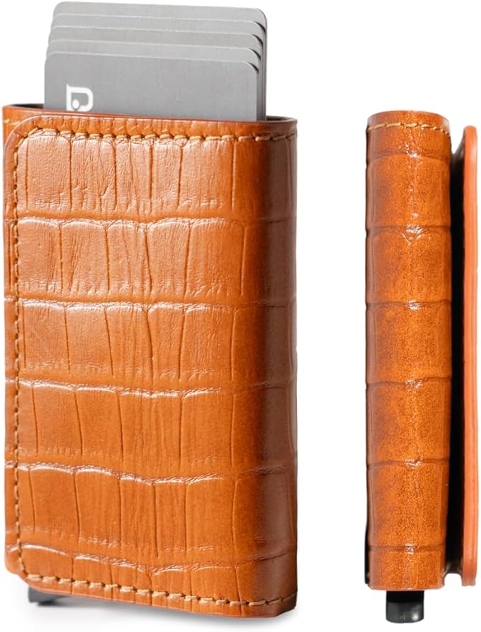 Jenoss Smart Wallet For Men: Full Grain Leather, Handcrafted, Slide Metal Pop Up Case, Slim RFID Blocking Credit Card Holder, Minimalist, Compact - 6-8 Cards Organizers, Front Pocket (Light Brown)