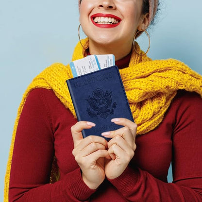 Real Leather Wallet RFID Family Passport Holder Waterproof Travel Black (Blue)