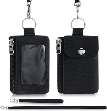 Minimalist Wallet For Mens Womens, Keychain RFID Blocking Zipper Small Wallet with ID Window 2 Lanyards,Water Resistant Travel Cash Card Coin Case Boys Girls