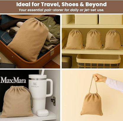 LFH Cotton Rich Shoe Storage Bags with Drawstring, Dustproof Breathable Reusable Organizer, Perfect For Travel, Dorm, Hotel, College, Gym, Easy to Carry, Machine Washable 8"x17" (Pack of 6) - Beige