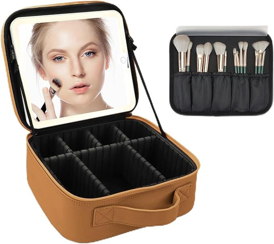 Travel Makeup Bag for Women and Makeup Artists Cosmetic Organizer Large Makeup Case,Travel Makeup Bag with Mirror 3 Color Setting,Portable Storage and Adjustable Dividers(brown)