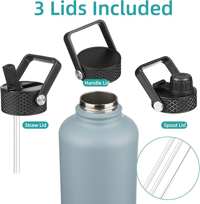 Half Gallon Insulated Water Bottle with Straw,64 oz 3 Lids Water Jug with Carrying Bag,Paracord Handle,Double Wall Vacuum Stainless Steel Metal Flask,Storm Blue