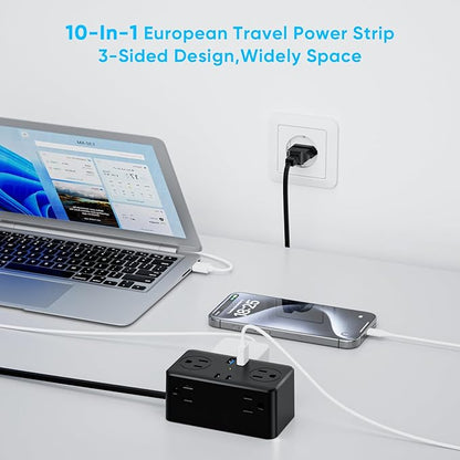 European Travel Plug Adapter, EU/UK/US Travel Plug Adapter Power Strip, 6 AC Outlets, 4 USB Ports (2 USB C), 3ft Wrapped Around Extension Cord, Compact for Travel, Black
