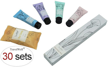 Travel Well Hotel Toiletry Kit Bulk - Individually Wrapped Guest Bathroom Essentials - Shampoo Conditioner Set & Travel Toiletries - Soap Bars & Dental Kits - 180-Piece Set, Mint Scent