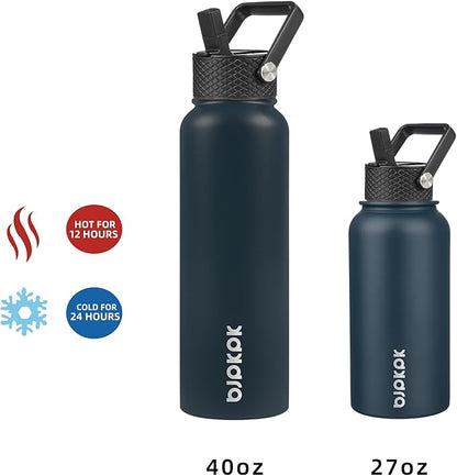 BJPKPK Insulated Water Bottles with Straw Lid, 27oz Stainless Steel Water Bottle with 3 Lids, Leak Proof BPA Free Metal Thermo, Mugs, Tumblers, Keep Cold Hot - Navy Blue