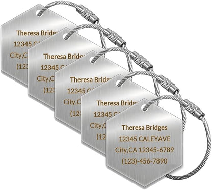 (5pcs) Made in USA Personalized Engraved Luggage tag-Custom Luggage Metal Tags for Unique Suitcase & Backpack Travel, Durable, Waterproof & Heavy Duty (Hexagon)