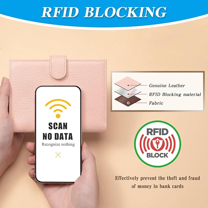 Passport Holder for Travel Women RFID Blocking Genuine Leather Passport Wallet with Card Slots, Zipper Coins Pocket, Cash Holder, Pink