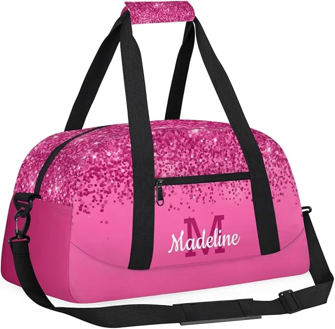 Personalized Kids Sports Duffel Bag with Name Custom Weekender Overnight Bag for Boys Girls Gym Bag Travel Dance Gymnastics Duffel Bag, DeepPink Glitter