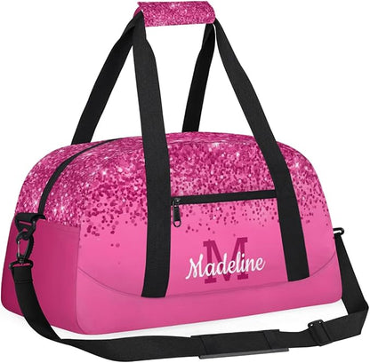Personalized Kids Sports Duffel Bag with Name Custom Weekender Overnight Bag for Boys Girls Gym Bag Travel Dance Gymnastics Duffel Bag, DeepPink Glitter