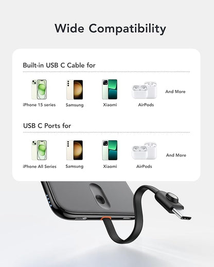 VEEKTOMX Slim Portable Charger, 5000mAh Lightweight Power Bank with Wired USB C Cable, Ultra Thin Battery Pack Compatible with iPhone 15/Plus/Pro/Pro Max/Samsung/Android(Non-Wireless Charging), Black