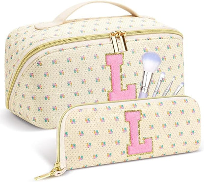 Personalized Travel Makeup Bag Set,Initial Travel Cute Floral Makeup Organizer Bag,Toiletry Skincare Cosmetic Bag,Christmas Gifts for Women/Girls,Open Flat Toiletry Pouch with Brush Pocket-L