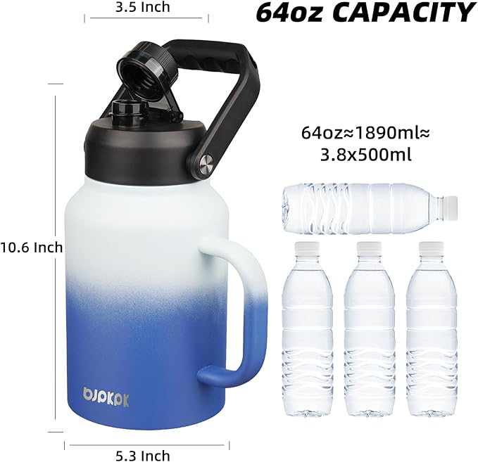 BJPKPK 64oz Insulated Water Bottle with Handle, Large Dishwasher Safe Half Gallon Water Bottle, BPA Free Water Jug, Wide Mouth Metal Flasks with Anti-slip Bottom, Keep Cold & Hot, Sky