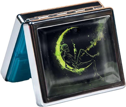 7 Days Chromed Shiny Silver Pill Organizer with Mirror Inside Has 8 Separate Compartments Rectangle Cute Travel Pill Organizer for Purse 7 Days (The Skeleton on The Moon)