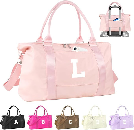Initial Travel Duffel Bag Sports Gym Bag for Girls Teen Birthday Gifts,Pink Personalized Weekender Bag Carry On Tote Bags for Women Men,Waterproof Overnight Luggage Bag with Trolley Sleeve(Letter L)