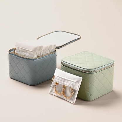 Travel Jewelry Box Organizer - Small Jewelry Case with 6 Small Velvet Zipped Pouches Pockets for Jewelry Necklaces Rings Earrings Storage(Blue)