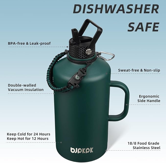 BJPKPK 1 Gallon Water Bottle Insulated with Straw Lid, 50oz, 64oz, 87oz, 128oz Large, Stainless Steel Water Bottles with 3 Lids and Paracord Strap, Double Wall Vacuum Metal Water Jug,Army Green