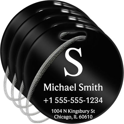Stainless Luggage Tags for Suitcases 4 Pack: Metal Personalized Luggage Tags for Backpacks & Bags with Customizable Texts (Black)
