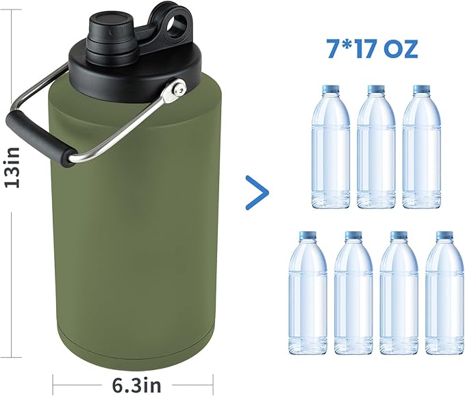 1 Gallon Water Jug Bottle Insulated with Straw, 128oz Stainless Steel Water Bottle Jug Wide Mouth Double Vacuum Dishwasher Safe BPA Free for Hot & Cold Drinks Army Green