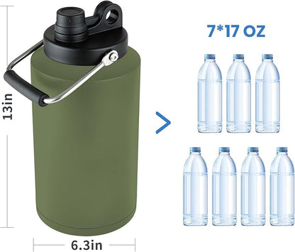 1 Gallon Water Jug Bottle Insulated with Straw, 128oz Stainless Steel Water Bottle Jug Wide Mouth Double Vacuum Dishwasher Safe BPA Free for Hot & Cold Drinks Army Green