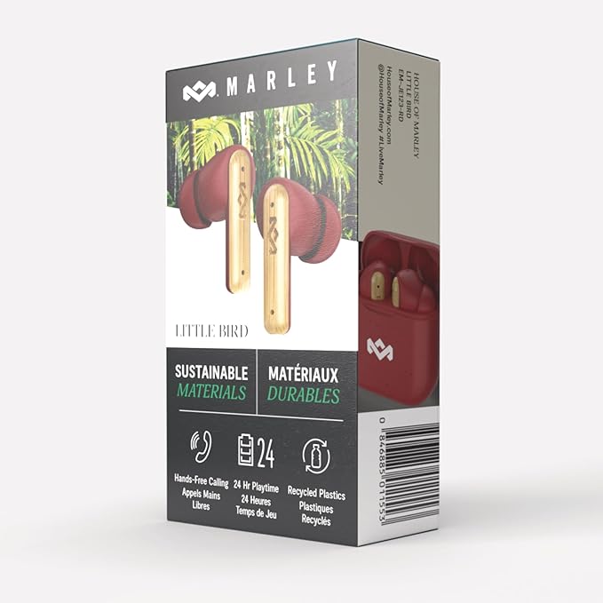 House of Marley Little Bird True Wireless Earbuds, Touch Controls, Built-in Mic, 24 Hours Playtime with Case, USB-C Quick Charge, Sustainable Materials, Movie and Gaming Mode (Red)