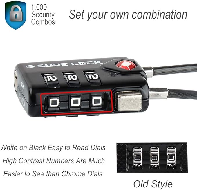 SURE LOCK TSA Approved Combination Luggage Locks with Open Alert Indicator – Durable Zinc Alloy Cable Travel Locks with Large Easy-Read Dials for Suitcases, Backpacks & Gym Bags(Black 6 Pack