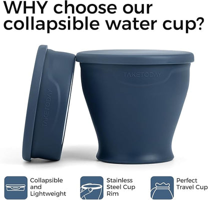 TakeToday 2PCS Collapsible Travel Cup - Silicone Foldable Water Cup, BPA-Free with Lid & Waterproof Bag - Drinking Cup Set for Camping, Outdoors & International Travel（8 Oz, Navy & Green）