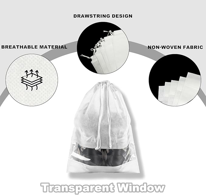 20 Pack Shoe Bags for Travel, 17" x 12.6" Drawstring Shoe Organizers with Clear Window, Breathable Non-Woven Dustproof Pouches for Luggage & Closet (White)