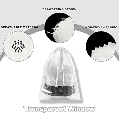 20 Pack Shoe Bags for Travel, 17" x 12.6" Drawstring Shoe Organizers with Clear Window, Breathable Non-Woven Dustproof Pouches for Luggage & Closet (White)