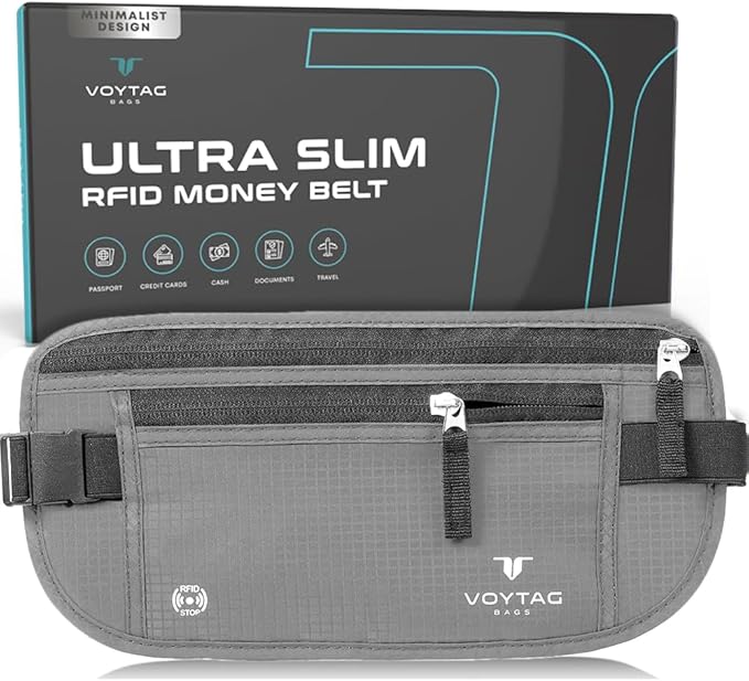 Travel Money Belt & Passport Holder - RFID Blocking Slim Travel Wallet & Fanny Pack for Men and Women - Essential Travel Pouch for Cash, Credit Cards, and Documents (Grey)