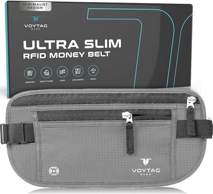 Travel Money Belt & Passport Holder - RFID Blocking Slim Travel Wallet & Fanny Pack for Men and Women - Essential Travel Pouch for Cash, Credit Cards, and Documents (Grey)