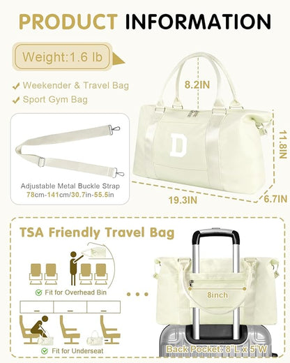 Initial Travel Duffel Bag Sports Gym Bag for Kids Teen,Beige Personalized Weekender Carry On Cheer Dance Bags for Girls Women Men,Waterproof Overnight Bag Monogram Birthday Christmas Gifts(Letter D)