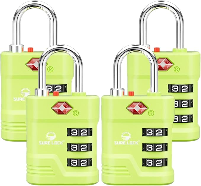 SURE LOCK TSA Locks for Luggage, TSA Approved Luggage Locks with Open Alert, 008 Key for High Security, Easy Read Dials, Zinc Alloy Body, Locker Lock for Suitcase, Gym, Travel. (Green 4 pk)