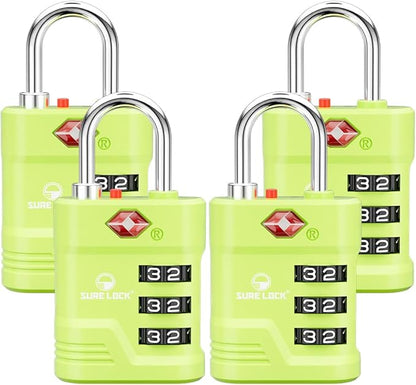 SURE LOCK TSA Locks for Luggage, TSA Approved Luggage Locks with Open Alert, 008 Key for High Security, Easy Read Dials, Zinc Alloy Body, Locker Lock for Suitcase, Gym, Travel. (Green 4 pk)