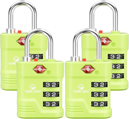 SURE LOCK TSA Locks for Luggage, TSA Approved Luggage Locks with Open Alert, 008 Key for High Security, Easy Read Dials, Zinc Alloy Body, Locker Lock for Suitcase, Gym, Travel. (Green 4 pk)