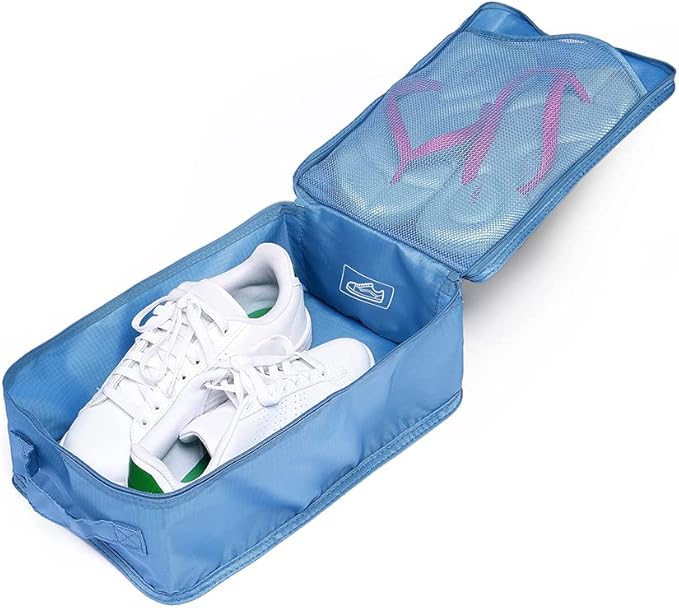 Travel Shoe Bags, Foldable Waterproof Shoe Pouches Organizer-Double Layer (2+2 Seablue Shoebags)