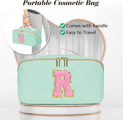 Personalized Initial Makeup Bag,Christmas Gifts for Girl,Preppy Bag Cosmetic Travel Bag Women,Travel Toiletry Organizer,Large Capacity Corduroy Stuff Bag,Cute Cosmetic Pouch Skincare Bag-Q