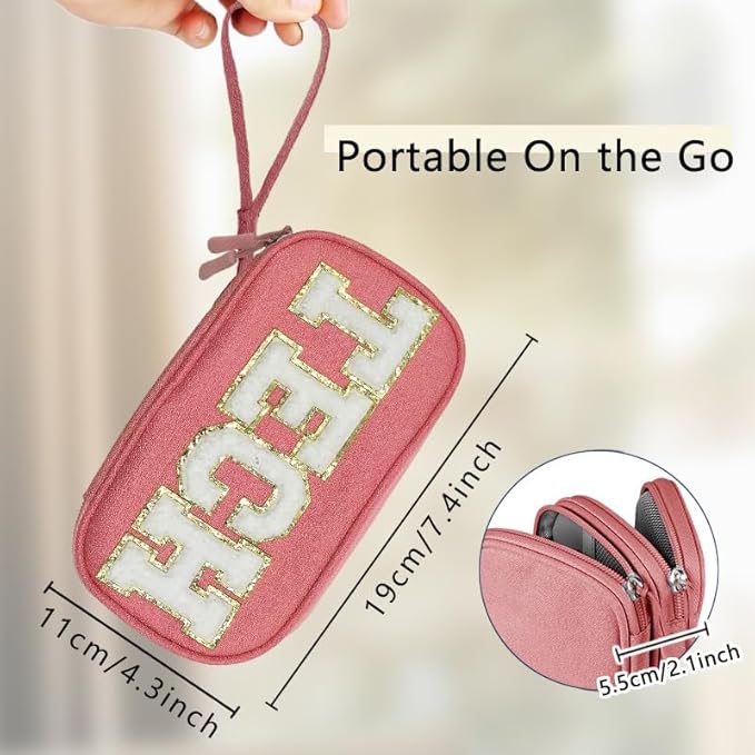 COSHAYSOO Cord Charger Organizer Travel Case Traveling Trip Gifts for Women TECH Bag Chenille Letter Pouch, Electronics Accessories Summer Camp College Dorm Essentials Must Have for Teen Girls Pink