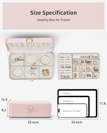 Vlando Jewelry Box Organizer for Women Girls, 2 Layer Jewelry Case with Lock,Jewelry Storage Earrings Necklace,Rings,Gift Box Packaging,Wedding Birthday Gifts-Pink