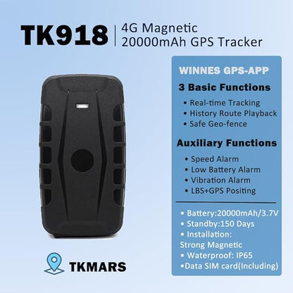 GPS Tracker for Vehicles Long Battery Life 20000mAh up to 150 Days Battery Tracker Device for Vehicles Unlimited Distance Car GPS Tracker Device Magnetic Waterproof for Cars, Fleets TK918 4G