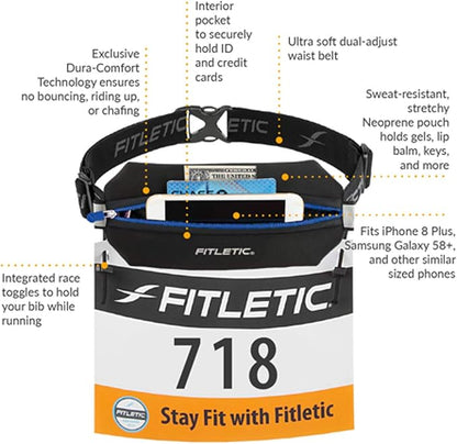 Fitletic Neo Race Belt, Black | Unique No Bounce Design for Marathon, Triathlon, Trail, 5k, 10k | Running Belt | N01R-01