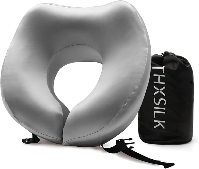 THXSILK 100% Mulberry Silk Neck Pillow for Traveling, Pure Memory Foam Travel Pillow for Airplanes, Travel Neck Pillow for Sleeping, Head and Neck Support, Includes Storage Bag (Grey)