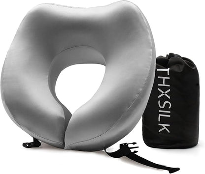 THXSILK 100% Mulberry Silk Neck Pillow for Traveling, Pure Memory Foam Travel Pillow for Airplanes, Travel Neck Pillow for Sleeping, Head and Neck Support, Includes Storage Bag (Grey)