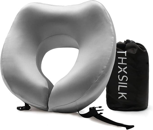 THXSILK 100% Mulberry Silk Neck Pillow for Traveling, Pure Memory Foam Travel Pillow for Airplanes, Travel Neck Pillow for Sleeping, Head and Neck Support, Includes Storage Bag (Grey)