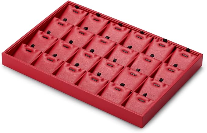 Oirlv Gorgeous Red Leather 24 Grid Jewelry Tray with Removable Inserts Jewelry Cards Stackable Necklace Trays Necklace Drawer Organizer